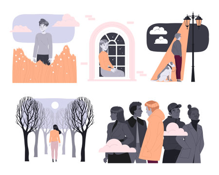 Loneliness with Lonely Man and Woman Character Feeling Depression and Sadness Vector Setのイラスト素材