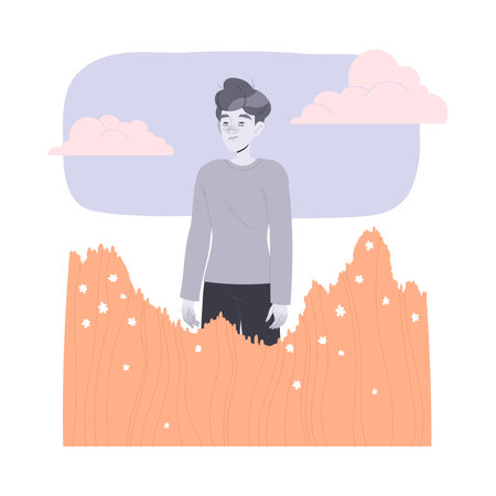 Loneliness with Lonely Man Character Standing in High Grass Feeling Depression and Sadness Vector Illustrationのイラスト素材