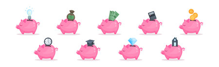 Pink Piggy Bank or Moneybox with Hole Vector Setのイラスト素材