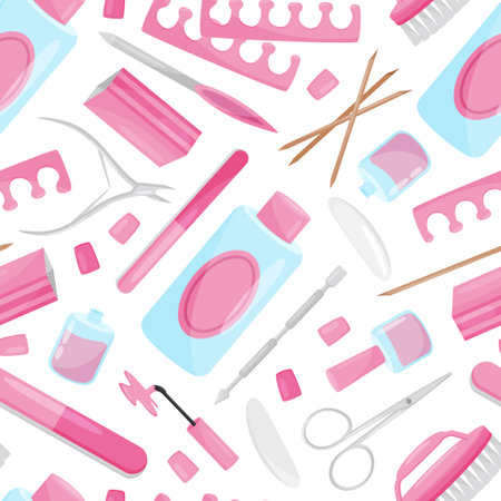 Manicure and Pedicure Seamless Pattern Design with Nail Equipment Vector Templateのイラスト素材