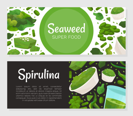 Seaweed Spirulina Banner Design with Green Superfood Vector Templateのイラスト素材