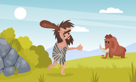 Prehistoric man dressed in animal skin hunting mammoth with club. Cavemen primitive prehistoric character cartoon vectorのイラスト素材