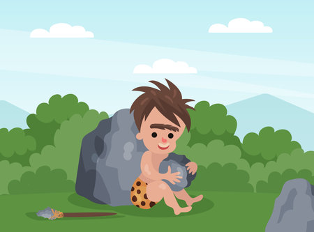 Prehistoric man dressed in animal skin holding round stone. Cavemen primitive prehistoric character cartoon vectorのイラスト素材