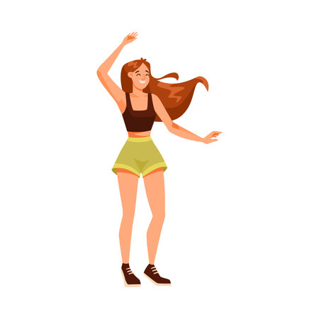 Happy Woman Character Dancing Moving Her Body Vector Illustrationのイラスト素材