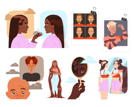 People Losing Their Hair Suffer from Alopecia or Baldness Vector Set.のイラスト素材