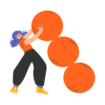 Woman Character Pushing Big Orange Shape Vector Illustrationのイラスト素材