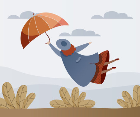 Woman with Umbrella in Stormy Weather Blowing Away Vector Illustrationのイラスト素材