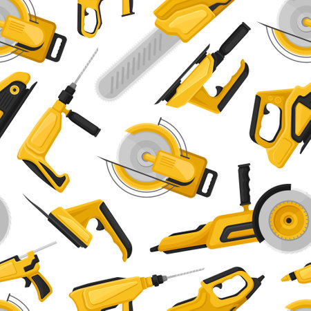 Power Tools Seamless Pattern Design with Building Instrument Vector Templateのイラスト素材