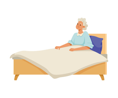 Happy Aged Gray-haired Woman on Retirement Lying in Bed Vector Illustrationのイラスト素材