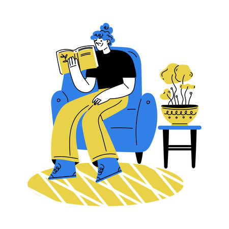 Self Growth with Woman Character with Blue Hair Reading Book Engaged in Personal Development and Improvement Vector Illustrationのイラスト素材