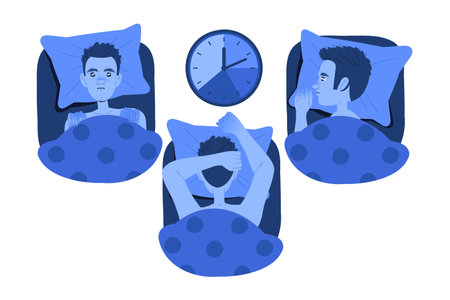 Sleeplessness with Man in Bed Suffer from Insomnia and Sleep Disorder Vector Illustrationのイラスト素材