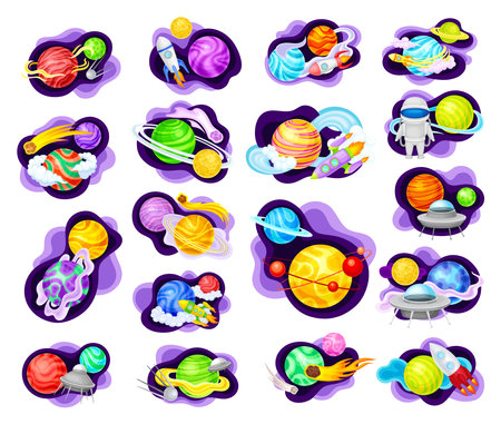 Cosmos with Celestial Body and Flying Spaceship on Fluid Purple Shape Vector Composition Setのイラスト素材