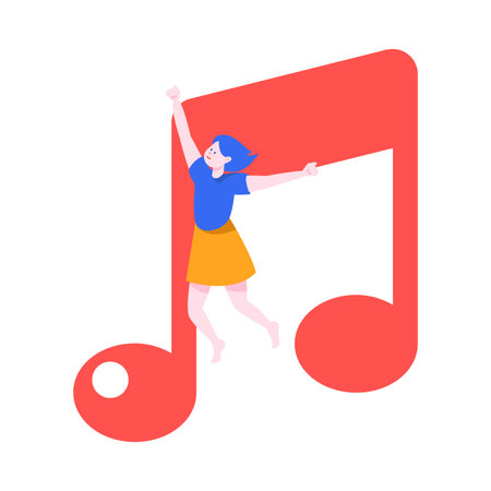 Tiny Woman Character with Huge Music Note Vector Illustrationのイラスト素材