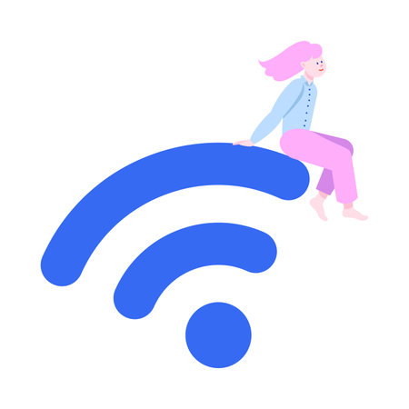 Tiny Woman Character Sitting on Huge Blue Wifi Mark Vector Illustrationのイラスト素材