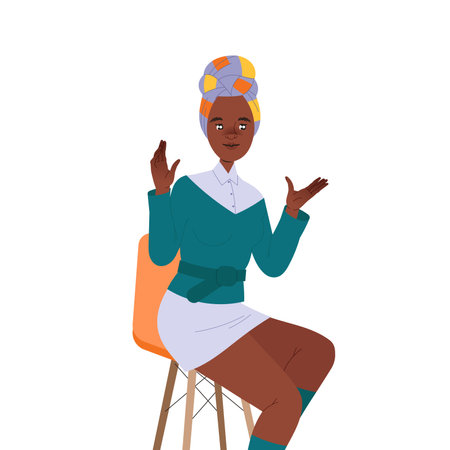 African American Woman Character in Turban Sitting on Chair Working in Coworking Space Vector Illustrationのイラスト素材