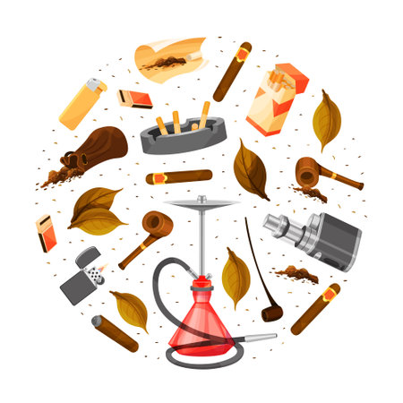 Tobacco Products Round Composition Design with Cigar and Smoking Pipe Vector Templateのイラスト素材