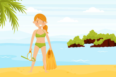 Woman Character with Snorkeling Mask and Flippers at Sea Shore in Vietnam Having Vacation Vector Illustrationのイラスト素材