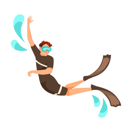 Man Character in Goggles and Flippers Diving with Turquoise Splash Doing Water Sport Activity Vector Illustrationのイラスト素材