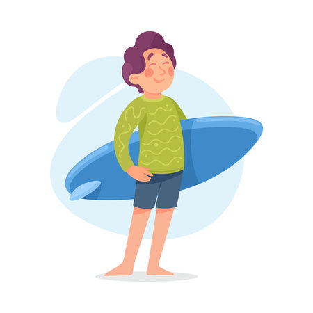 Funny Boy Standing with Surfboard Doing Water Sport Activity Vector Illustrationのイラスト素材