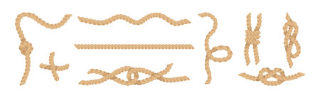 Jute Hemp Rope Cord Curved Pieces and Knot Vector Setのイラスト素材