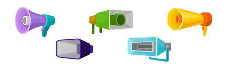 Loudspeaker and Megaphone with Handle as Hand-held Acoustic Horn Vector Setのイラスト素材