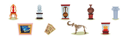 Museum Ancient Artifacts and Archaeological Exhibit Elements Vector Setのイラスト素材