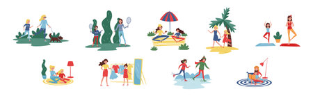 Mother and Daughter Spending Time Together Engaged in Different Activity Vector Setのイラスト素材