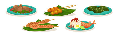 Traditional Malaysian Dishes and Served Food Vector Setのイラスト素材