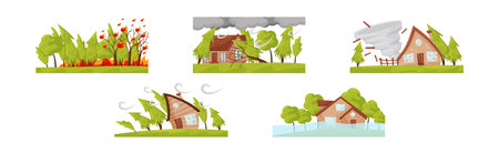 Natural Disaster and Catastrophe with House Damage Vector Setのイラスト素材