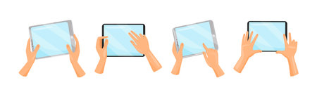 Human Hands Using Tablet PC Holding Gadget with Touchscreen Vector Setのイラスト素材