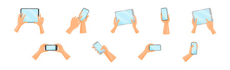 Human Hands Using Tablet PC and Smartphone Holding Gadget with Touchscreen Vector Setのイラスト素材
