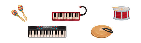 Musical Instrument with Maraca, Drum, Cymbal and Keyboard Vector Setのイラスト素材
