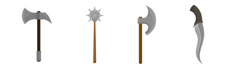 Ancient Weapon with Axe, Morning Star and Dagger with Curved Blade Vector Setのイラスト素材