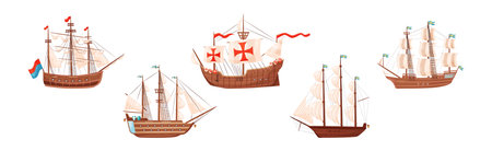 Old Wooden Ships with Sails and Fluttering Flags Vector Setのイラスト素材
