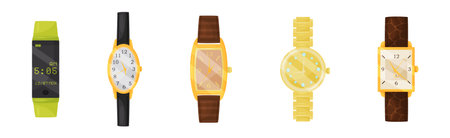 Wristwatch as Portable Timepiece for Wearing on Wrist Vector Setのイラスト素材