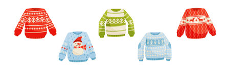 Ugly Christmas Sweaters and Cute Wool Jumper with Long Sleeves and Winter Ornament Vector Setのイラスト素材