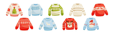Ugly Christmas Sweaters and Cute Wool Jumper with Long Sleeves and Winter Ornament Vector Setのイラスト素材