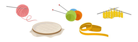 Sewing and Tailoring Accessories with Yarn Ball, Needle, Measuring Tape and Tambour Vector Set