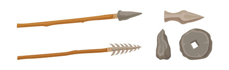 Primal Stone Age Tools and Weapon Isolated on White Background Vector Setのイラスト素材