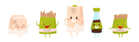 Soy Products Characters with Cute Smiling Faces Vector Setのイラスト素材