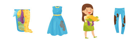 Little Girl Character Holding Dirty Clothing for Washing Vector Setのイラスト素材