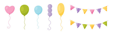 Balloons with String and Garland as Holiday Symbols Vector Setのイラスト素材