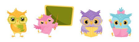 Funny Owl in Glasses Studying at School Standing at Chalkboard and with Book Vector Setのイラスト素材