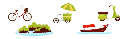 Vietnam Country Attribute with Rickshaw, Bicycle, Scooter and Boat Vector Setのイラスト素材