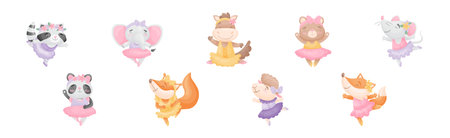 Animals Ballet Dancer in Tutu Skirt and Pointe Shoes Vector Setのイラスト素材