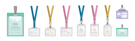 Name Badges or Name Tags Made of Lightweight Plastic with Lanyard for Wearing Around Neck Vector Setのイラスト素材