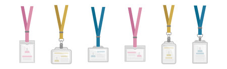 Name Badges or Name Tags Made of Lightweight Plastic with Lanyard for Wearing Around Neck Vector Setのイラスト素材