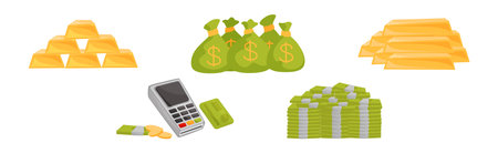 Banknote Stack, Gold Bar, Sacks with Dollar and Pos Terminal Vector Setのイラスト素材