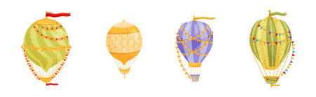 Hot Air Balloon as Light Aircraft with Gondola or Basket Vector Setのイラスト素材