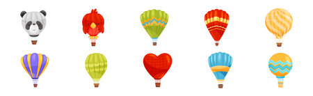 Hot Air Balloon as Light Aircraft with Gondola or Basket Vector Setのイラスト素材